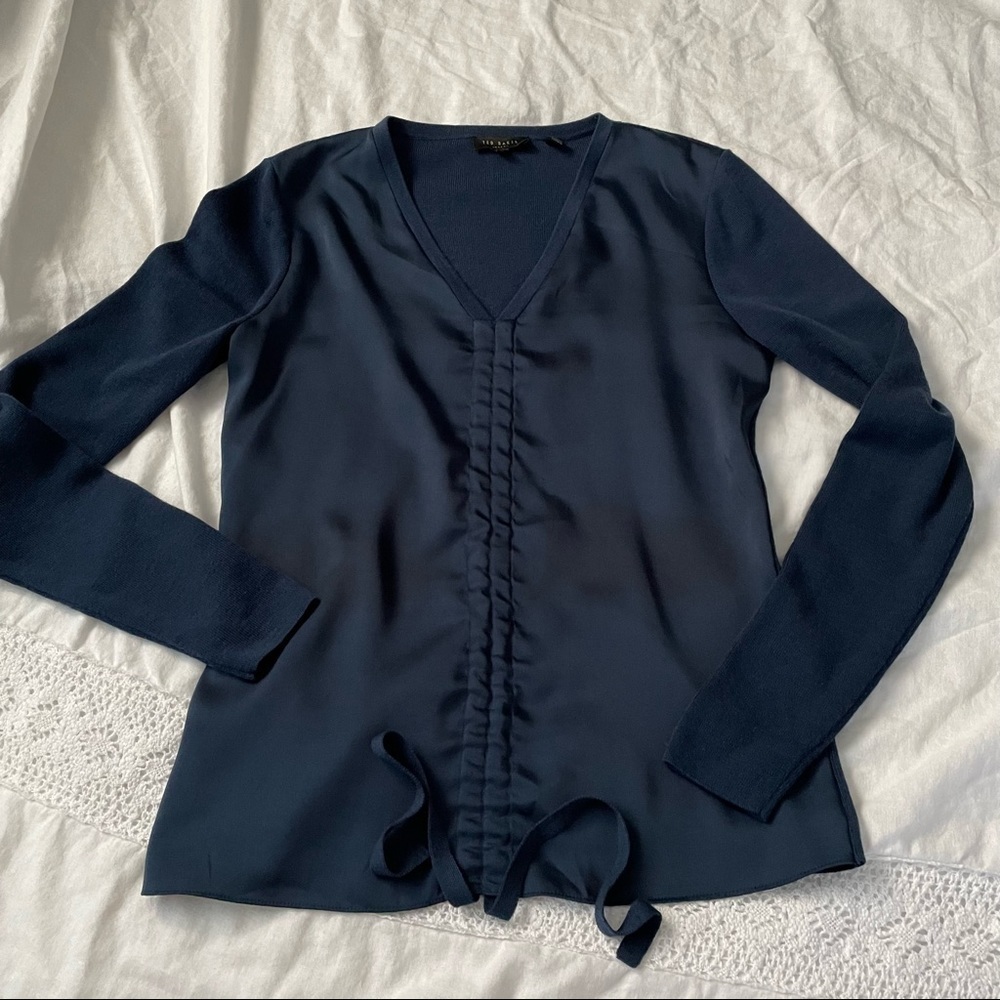 Ted Baker Sz 1 SMALL BANIY Navy Blue V-Neck Long-Sleeve Ruched Wool Sweater Top